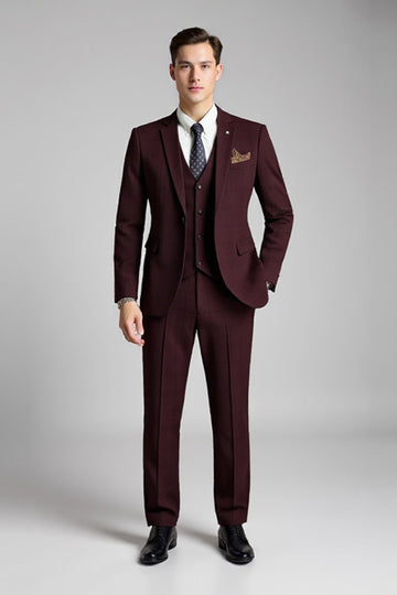 Rutete hakket jakkeslag 3-delt burgunder dresser for menn